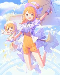 absurdres braid chibi cloud gloves grey_eyes hair_between_eyes hanasato_minori hat highres holding holding_hands holding_umbrella jumping neck_ribbon orange_hair project_sekai rainbow ribbon sleeveless smile sora_(men0105) top_hat umbrella white_gloves