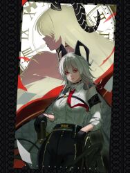 1girl armband artist_name black_armband black_choker black_gloves black_horns black_jacket black_pants blonde_hair breasts can chest_harness choker closed_mouth collared_shirt commentary curled_horns drink_can english_commentary gloves hair_between_eyes harness highres holding holding_can horns jacket jacket_on_shoulders large_breasts looking_at_viewer meganesanechi multiple_views necktie pants red_eyes red_necktie shirt shirt_tucked_in white_shirt wuthering_waves zani_(wuthering_waves)