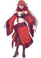 Rule 34 | 1girl, anime coloring, boots, breasts, cleavage, closed mouth, detached sleeves, dress, full body, hair between eyes, kimono around waist, large breasts, lips, long hair, looking at viewer, navel, open hands, outstretched arms, rain (sokushi cheat), red boots, red eyes, red hair, sakimoto sayuri, simple background, smile, sokushi cheat ga saikyou sugite isekai no yatsura ga marude aite ni naranai n desu ga, solo, transparent background, tsurime, very long hair