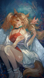1girl absurdres angelina_(arknights) angelina_(summer_flower)_(arknights) animal_ears arknights brown_hair casual_one-piece_swimsuit commentary fish fox_ears fox_girl fox_tail highres infection_monitor_(arknights) karenncat long_hair official_alternate_costume one-piece_swimsuit open_mouth red_eyes red_one-piece_swimsuit solo swimsuit swimsuit_cover-up tail twintails underwater