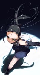 1girl absurdres black_dress black_hair dress elbow_gloves figure_skating figure_skating_dress gloves highres ice_skates kamisaki_hikaru long_hair medalist_(manga) nzeneee outstretched_arms parted_lips ponytail skates solo spotlight spread_arms yellow_eyes