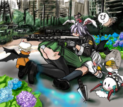 2girls animal_ears ass bad_id bad_pixiv_id blush bolt_action car cat day face_down female_focus gloves grass gun half-life half-life_(series) headcrab i_stand_alone kaenbyou_rin kaenbyou_rin_(cat) konpaku_youmu long_hair motor_vehicle multiple_girls one_eye_closed outdoors panties pantyshot rabbit_ears red_eyes reisen_udongein_inaba rifle scope short_hair silver_hair skeleton_print skirt sniper_rifle speech_bubble tall_grass thighhighs thought_bubble touhou underwear weapon what wink