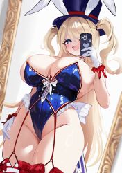 1girl absurdres animal_ears azur_lane blonde_hair blue_leotard blush breasts cellphone cleavage dutch_angle facial_mark fake_animal_ears frilled_leotard frills gloves guam_(azur_lane) guam_(stage-setting_charmer)_(azur_lane) hat heart heart_facial_mark highres holding holding_phone huge_breasts leotard long_hair looking_at_viewer mirror mirror_selfie official_alternate_costume open_mouth phone phone_over_face playboy_bunny purple_eyes ramune_ramune red_garter_straps selfie skindentation smartphone smile solo standing star-shaped_pupils star_(symbol) sweat symbol-shaped_pupils taking_picture thighhighs top_hat two_side_up white_gloves