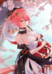 Rule 34 | 1girl, absurdres, black bow, black collar, black jacket, body markings, bow, braid, breasts, bright pupils, changli (wuthering waves), cherry blossoms, cleavage, closed mouth, collar, colored extremities, commentary, commission, english commentary, feather hair, hair between eyes, hair bow, hair extensions, highres, holding, holding umbrella, jacket, large breasts, looking at viewer, multicolored hair, oil-paper umbrella, orange eyes, p0popipo, pink hair, red hands, ring hair extensions, second-party source, smile, solo, twin braids, two-tone hair, umbrella, white hair, white pupils, white umbrella, wuthering waves