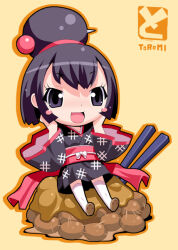 Rule 34 | 1girl, beans, black eyes, black hair, blush stickers, chopsticks, curry, food, hair bun, hair ornament, hands on own cheeks, hands on own face, japanese clothes, kanzashi, kimono, looking at viewer, original, sitting on food, toromi (toromix2)