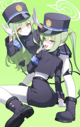 2girls absurdres black_boots black_hat blue_archive boots closed_mouth commentary_request goeleu green_background green_hair halo hands_up hat highres hikari_(blue_archive) long_hair looking_at_viewer looking_back multiple_girls nozomi_(blue_archive) open_mouth pantyhose pointy_ears siblings sidelocks sisters sitting twins twintails white_halo white_pantyhose yellow_eyes