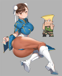 1boy 1girl ass blonde_hair blush boots breasts brown_eyes brown_hair camouflage capcom chibi chinese_clothes chun-li closed_mouth commentary_request dog_tags double_bun earrings fingernails full_body grey_background guile hair_bun jewelry knee_boots large_breasts looking_at_viewer nail_polish pants pantyhose popqn short_sleeves simple_background sitting street_fighter tattoo thighs white_footwear