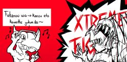 Rule 34 | &gt; &lt;, blue eyes, claw (weapon), closed eyes, colored skin, cyborg, digimon, digimon (creature), digimon adventure: (2020), dinosaur, english text, evolutionary line, fangs, greymon, hand on own head, headphones, helmet, highres, horns, listening to music, lyrics, mechanical arms, metalgreymon, musical note, orange skin, red background, red hair, ridgeone, romaji text, screaming, sharp teeth, short hair, simple background, single mechanical arm, speech bubble, teeth, tongue, tongue out, upper body, weapon