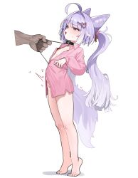 Rule 34 | 1girl, absurdres, ahoge, barefoot, blush, cone hair bun, flat chest, fox girl, fox tail, hair bun, hair ornament, heart, heart hair ornament, heterochromia, highres, purple hair, purple tail, sangobob, simple background, stellive, tail, tenko shibuki, tiptoes, twintails, virtual youtuber, white background, yellow eyes