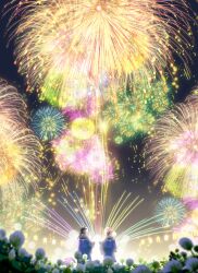 Rule 34 | 2girls, aerial fireworks, blurry, blurry foreground, facing away, festival, field, fireworks, flower, flower field, from behind, hakoniwalily, hanon (hakoniwalily), highres, japanese clothes, kimono, kotoha (hakoniwalily), lantern, makoron117117, multiple girls, outdoors, scenery, standing, summer festival, wide shot