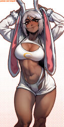 1girl abs alternate_costume animal_ears animal_hood arms_up bare_legs boku_no_hero_academia breasts cleavage closed_mouth collarbone commentary contrapposto crescent_print dark-skinned_female dark_skin dotted_background english_commentary fur-trimmed_sleeves fur_trim hair_between_eyes highres hood large_breasts long_eyelashes looking_at_viewer mirko multi-strapped_panties navel panties parted_bangs rabbit_ears rabbit_girl rabbit_hood raised_eyebrow red_eyes short_hair sideboob smile solo stomach stopu thick_thighs thighs toned toned_female underwear very_long_ears white_hair white_panties