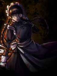 1girl apron black_dress black_hair black_lagoon blood blood_on_clothes blood_on_face braid dress highres long_hair looking_at_viewer maid roberta_(black_lagoon) round_eyewear solo sue02_(suexxx) suitcase twin_braids weapon