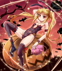 1girl :o animal_ears arm_up bare_shoulders bat_(animal) black_thighhighs blazblue blush breasts covered_navel fake_animal_ears female_focus gii hair_ribbon halloween highleg highleg_leotard jack-o&#039;-lantern leotard long_hair open_mouth playboy_bunny rabbit_ears rachel_alucard red_eyes ribbon slit_pupils small_breasts solo sparkle sumapan thighhighs twintails very_long_hair