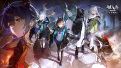 Rule 34 | 1boy, 1other, 6+girls, amiya (arknights), animal ears, arknights, artist request, black boots, black gloves, black jacket, black pantyhose, black shoes, blue eyes, blue hair, blue skirt, boots, cat ears, cat girl, ch&#039;en (arknights), character request, chinese commentary, closed mouth, coat, dress, fingerless gloves, frown, gloves, green coat, green eyes, green hair, hair between eyes, hair bun, hand in own hair, hands in pockets, highres, holding, hood, hooded jacket, horns, hoshiguma (arknights), jacket, kal&#039;tsit (arknights), lab coat, long hair, long sleeves, looking at viewer, medium hair, multiple girls, necktie, official art, orange necktie, pantyhose, pleated skirt, princess fumizuki (arknights), purple hair, rabbit ears, rabbit girl, red eyes, shirt, shoes, single horn, skirt, standing, white coat, white dress, white hair, white shirt, yellow eyes