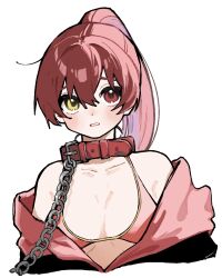 Rule 34 | 1girl, animal collar, bikini, black jacket, chain, chain leash, collar, commentary, cropped torso, english commentary, frown, heterochromia, hololive, houshou marine, houshou marine (summer), jacket, leash, looking at viewer, off shoulder, official alternate hairstyle, ohagi 0909, ponytail, red bikini, red eyes, red hair, simple background, solo, swimsuit, virtual youtuber, white background, yellow eyes