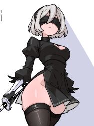 Rule 34 | 1girl, 2b (nier:automata), black dress, black hairband, black thighhighs, blindfold, breasts, cleavage cutout, closed mouth, clothing cutout, commentary, dress, gloves, grey hair, hairband, holding, holding sword, holding weapon, jaggy lines, ji heeeeeee, juliet sleeves, long sleeves, mole, mole under mouth, nier:automata, nier (series), no panties, pelvic curtain, puffy sleeves, short dress, short hair, simple background, skindentation, solo, sword, thighhighs, weapon