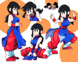 1boy 1girl antenna_hair black_eyes black_hair blue_dress blunt_bangs breasts chi-chi_(dragon_ball) china_dress chinese_clothes clenched_hands dougi dragon_ball dragon_ball_(classic) dress duel fighting_stance full_body hair_tubes highres long_hair medium_breasts mixed-sex_combat multiple_views obi open_mouth orange_background ponytail red_footwear red_sash sash scott_malin sharp_teeth shoes sidelocks sitting sleeveless sleeveless_dress son_goku teeth two-tone_background wariza white_background wristband