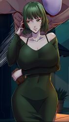 absurdres bag black_bra bra bra_strap breasts cellphone cleavage curvy dress green_dress green_eyes green_hair handbag highres huge_breasts night off-shoulder_dress off_shoulder outdoors phone short_hair smartphone taut_clothes taut_dress thigh_slit third-party_edit underwear wide_hips