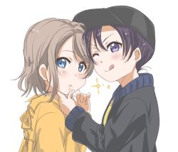 Rule 34 | 2girls, black hat, blue eyes, brown hair, dress, hat, highres, looking at viewer, love live!, medium hair, multiple girls, purple eyes, purple hair, rippe, simple background, star (symbol), tongue, tongue out, watanabe tsuki, watanabe you, wavy hair, white background, yellow dress
