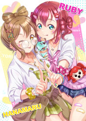 2girls :3 :p ;p absurdres ai_scream!_(love_live!) alternate_costume aqua_eyes bandaid bandaid_on_leg blue_nails blue_skirt blush bow bow-shaped_hair bowtie breasts brown_cardigan brown_hair cardigan cardigan_around_waist cleavage clothes_around_waist collarbone commentary_request cotton_candy_ei-ei-oh! cowboy_shot facial_mark food glasses gyaru gyarugasaki hair_ornament heart heart_facial_mark heart_necklace highres holding holding_food holding_ice_cream holding_ice_cream_cone ice_cream ice_cream_cone index_finger_raised iroenpitsu_xxx jewelry kogal kunikida_hanamaru kurosawa_ruby large_breasts lollipop_hair_ornament lone_nape_hair looking_at_viewer loose_bowtie love_live! love_live!_nijigasaki_high_school_idol_club love_live!_sunshine!! miniskirt mint_chocolate multiple_girls necklace one_eye_closed open_collar open_mouth orange_nails pink_bow pink_bowtie pink_nails pink_scrunchie pink_sweater_vest plaid_bow plaid_bowtie plaid_clothes plaid_skirt pleated_skirt polka_dot polka_dot_scrunchie round_eyewear scrunchie short_hair short_hair_with_long_locks sidelocks single_scoop skirt sweater_vest tongue tongue_out triangle_hair_ornament twintails two-tone_nails v-shaped_eyebrows yellow_bow yellow_bowtie yellow_eyes yellow_nails yellow_scrunchie yellow_skirt