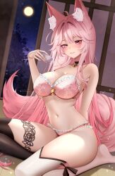 1girl animal_ear_fluff animal_ears arm_behind_back artist_name bare_shoulders bell biting black_choker black_thighhighs blush bow bow_panties bra breasts choker cleavage collarbone commentary cup fingernails fox_ears fox_girl full_moon hand_up highres holding holding_cup indie_virtual_youtuber indoors large_breasts long_hair looking_at_viewer mismatched_thighhighs moon nail_polish navel neck_bell night panties parted_lips pink_bra pink_eyes pink_hair pink_nails pink_panties pink_tail pouring pouring_onto_self pr_ponnyan sakazuki sitting solo star_(sky) stomach thighhighs underwear very_long_hair virtual_youtuber wakamezake white_bow white_thighhighs