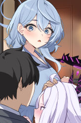 Rule 34 | 1boy, 2girls, ahoge, ako (blue archive), blue archive, blue eyes, blue hair, blue halo, blush, demon girl, demon horns, halo, headpat, highres, hina (blue archive), horns, indoors, long hair, mi taro333, multiple girls, open mouth, purple eyes, sensei (blue archive), upper body, white hair