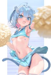 Rule 34 | 1girl, ahoge, armpits, blue eyes, blue hair, blue panties, blue shirt, blurry, blush, breasts, cheerleader, clothes lift, clothes writing, colored inner hair, commentary request, cowboy shot, crop top, depth of field, earrings, hair ornament, hands up, highres, holding, holding pom poms, indie virtual youtuber, jewelry, kanzarin, kanzarin (vtuber), leg tattoo, light blue hair, looking at viewer, miniskirt, multicolored hair, navel, open mouth, panties, pillarboxed, pink hair, pom pom (cheerleading), pom poms, shirt, skirt, skirt lift, small breasts, smile, solo, star (symbol), stomach, sweat, tattoo, thighhighs, thighs, two side up, underboob, underwear, virtual youtuber, white skirt, white thighhighs