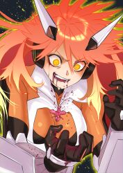 Rule 34 | 1girl, amou kanade, armor, blood, blood from mouth, bloody tears, bodysuit, breasts, commentary request, glowing, glowing eyes, gradient hair, haishima xv, headphones, highres, looking at hands, multicolored hair, open mouth, orange eyes, red hair, senki zesshou symphogear, simple background, solo, symphogear pendant, teeth, v-shaped eyebrows