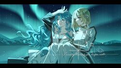 2girls ^_^ arm_up artist_request aurora black_coat blonde_hair blue_hair bob_cut closed_eyes coat commission dress fang feet_out_of_frame hand_on_own_head highres hissabeth letterboxed long_dress long_hair mechanical_ears mountainous_horizon multiple_girls night night_sky open_mouth outdoors pants pointer_(reverse:1999) reverse:1999 second-party_source short_hair side-by-side sitting sky snake snake_on_head very_long_hair watermark white_coat white_dress white_pants yellow_eyes