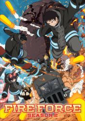 1girl 6+boys absurdres arthur_boyle barefoot bird black_hair blonde_hair blue_eyes brown_hair character_request copyright_name crow dark-skinned_male dark_skin driving dutch_angle en&#039;en_no_shouboutai fire gas_mask gloves glowing glowing_eyes highres juggernaut_(enen_no_shouboutai) mask mole_(animal) montgomery_ogun motor_vehicle multiple_boys official_art outdoors pink_eyes sharp_teeth shinra_kusakabe skateboard takeru_noto tamaki_kotatsu teeth truck uniform viktor_licht yellow_eyes