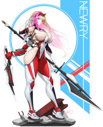 1girl armpits backless_outfit bare_hips bare_shoulders blonde_hair bodysuit breasts cleavage_cutout clothing_cutout covered_navel curvy elbow_gloves full_body gloves groin halterneck holding holding_polearm holding_sword holding_weapon long_hair looking_at_viewer mecha mecha_musume mechanical_arms multicolored_hair original pink_hair polearm presenting_armpit red_eyes robot science_fiction shoes sideboob sideless_outfit skindentation smile sneakers solo sword tachi-e thick_thighs thighs tight_clothes two-tone_hair very_long_hair weapon wookyung