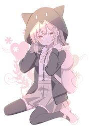 Rule 34 | 1girl, 9ra4ki33, :o, absurdres, animal ear hood, animal ears, backpack, bag, black thighhighs, blunt bangs, blush, brown eyes, brown hair, cat ears, collared shirt, colored eyelashes, commentary, danganronpa (series), danganronpa 2: goodbye despair, fake animal ears, flipped hair, full body, green jacket, hair ribbon, hands up, heart, highres, hood, hood up, hooded jacket, jacket, long sleeves, looking at viewer, mary janes, medium hair, nanami chiaki, open clothes, open jacket, open mouth, pink bag, pink shoes, pleated skirt, ribbon, shirt, shoes, sidelocks, simple background, sitting, skirt, solo, thighhighs, wariza, white background, white shirt, yellow ribbon, zettai ryouiki