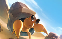 :o black_eyes bright_pupils cloud commentary_request day desert dwebble gen_5_pokemon naoki_eguchi nintendo no_humans open_mouth outdoors pokemon pokemon_(creature) rock sand sky solo white_pupils
