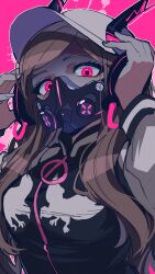 1girl baseball_cap brown_hair eyelashes hair_over_shoulder hands_up hat headphones highres jacket jujo_miu long_hair looking_at_viewer mask multicolored_jacket nekoma_hikaru pink_background pink_eyes solo sukajan tribe_nine two-tone_jacket upper_body