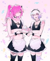 2boys absurdres apron black_bra black_legwear black_skirt blue_eyes bra cake chest_tattoo choker food frilled_apron frilled_bra frills gradient_eyes gradient_hair hair_ornament hair_over_one_eye hairband heart highres holding holding_cake holding_food ilya_(mazamuno) long_hair maid_day mazamuno mole mole_under_eye mongrel_(mazamuno) multicolored_eyes multicolored_hair multiple_boys open_mouth original pink_background pink_eyes pink_hair ponytail prosthesis prosthetic_leg pubic_tattoo purple_eyes purple_hair scar scar_on_arm scar_on_face simple_background skirt tattoo thighhighs trap underwear waist_apron white_hair wrist_cuffs x_hair_ornament