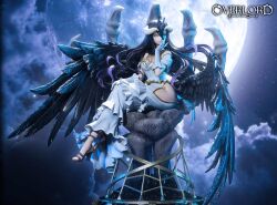1girl ahoge albedo_(overlord) angel_wings bare_arms bare_hips bare_shoulders bird_wings black_feathers black_hair black_wings blush breasts cleavage closed_mouth clothing_cutout cloud collar curled_horns curvy demon_girl demon_horns demon_wings detached_collar disembodied_hand double-parted_bangs dress evil_smile feathered_wings feathers figure_(medium) floating_hair frilled_dress frills full_body full_moon gloves gold_collar gold_necklace gold_trim great_mother_temptation hair_between_eyes hand_on_own_knee hand_up high_heels hip_vent horns jewelry large_breasts layered_dress long_bangs long_dress long_hair long_hair_between_eyes long_sidelocks looking_afar low_horns low_wings mature_female moon necklace night night_sky no_ears nose off-shoulder_dress off_shoulder overlord_(maruyama) pale_skin parted_lips pink_lips sideboob sidelocks sitting skeletal_hand sky sleeveless sleeveless_dress slit_pupils smile solo spider_web_necklace star_(sky) two-tone_collar very_long_hair white_collar white_dress white_gloves white_horns wings yellow_eyes