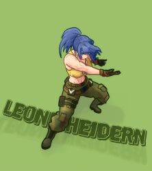 1girl blue_eyes blue_hair boots breasts female_focus gloves hairyscarecrow large_breasts leather leona_heidern long_hair looking_at_viewer military pale_skin pants ponytail shirt shoes standing tank_top the_king_of_fighters thick_thighs thighs