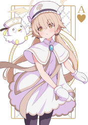 1girl :o bat_wings black_pantyhose blonde_hair blue_archive blush brooch capelet commentary_request cowboy_shot dress gloves halo hat hifumi_(blue_archive) highres jewelry long_hair looking_at_viewer looking_to_the_side nurse_cap pantyhose parted_lips peroro_(blue_archive) solo twintails very_long_hair white_capelet white_dress white_gloves white_hat wings yellow_eyes zundamochi_(sera)
