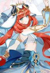 Rule 34 | 1girl, absurdres, arm up, black horns, blonde hair, blue skirt, breasts, chinese commentary, closed mouth, commentary request, crop top, fake horns, from side, genshin impact, harem outfit, highres, horns, long hair, long sleeves, low twintails, midriff, nilou (genshin impact), puffy long sleeves, puffy sleeves, red hair, ruogong qingyue, skirt, small breasts, solo, twintails, veil, white veil, zoom layer