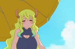 1girl animated animated_gif anime_screenshot beach bikini blonde_hair blush breasts cleavage cleavage_cutout clothing_cutout dragon_girl horns huge_breasts kobayashi-san_chi_no_maidragon long_hair lotion lucoa_(maidragon) massage screencap solo swimsuit