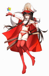 1girl absurdres belt bikini black_hair boots breasts cape epaulettes fate/grand_order fate_(series) full_body fur_trim gloves hat highres katana long_hair oda_nobunaga_(fate) oda_nobunaga_(koha-ace) oda_uri one_eye_closed open_mouth outstretched_arm peaked_cap red_belt red_bikini red_cape red_eyes red_gloves red_shoes sack saint_quartz_(fate) santa_bikini santa_costume shoes simple_background small_breasts smile solo swimsuit sword thigh_boots two-sided_cape two-sided_fabric weapon white_background white_cape white_hat xixing_chun