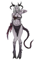 1girl absurdres black_skirt breasts cleavage colored_skin commentary crab_claw curled_horns full_body grey_hair grey_skin halterneck hand_in_own_hair highres hooves horns kkghost_tv large_breasts monster_girl navel o-ring o-ring_top pelvic_curtain purple_eyes raised_eyebrow shoulder_spikes skirt slaanesh solo spikes tongue tongue_out warhammer_40k warhammer_fantasy