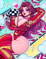 1girl between_breasts blue_eyes breasts brown_hair cleavage earrings flag gloves heart highres huge_breasts jewelry leotard lips long_hair long_sleeves mario_(series) mario_kart nintendo pauline_(mario) theartofmatthew thighhighs