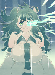 1girl 3: antenna_hair bare_shoulders breasts closed_mouth collarbone collared_shirt detached_sleeves facing_viewer female_focus frog_hair_ornament glowing glowing_eye green_eyes green_hair hair_ornament hair_tie highres kochiya_sanae large_breasts long_hair long_sleeves looking_at_viewer nontraditional_miko one_side_up shirt sideboob sleeveless sleeveless_shirt solo text_focus touhou tsuutenkaaku v-shaped_eyebrows white_shirt wide_sleeves