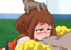 1girl 2boys blush_stickers boku_no_hero_academia brown_eyes brown_hair censored cheerleader fellatio grass head_out_of_frame jcm2 multiple_boys official_alternate_costume oral out_of_frame penis pom_pom_(cheerleading) short_hair tears u.a._cheerleader_uniform uraraka_ochako