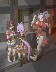 3girls a-train_(the_boys) absurdres animal_ears bespectacled blunt_bangs bow character_request ear_bow ear_ribbon glasses gold_ship_(umamusume) grey_hair highres holding_hands horse_ears horse_girl horse_tail long_hair mejiro_mcqueen_(umamusume) multiple_girls pacpoi pillbox_hat purple_eyes purple_hair running scene_reference smoke tail the_boys umamusume