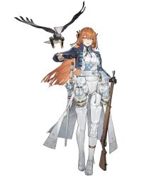 1girl alpha_transparency armor artist_request black_gloves blue_jacket bolt_action brown_hair full_body girls&#039;_frontline girls&#039;_frontline_2:_exilium gloves green_eyes gun half_gloves hand_up holding holding_gun holding_weapon jacket long_hair looking_at_viewer m1903_springfield non-humanoid_robot official_art open_clothes open_jacket pants rifle robot robot_animal robot_bird springfield_(girls&#039;_frontline) springfield_(girls&#039;_frontline_2) transparent_background weapon white_pants