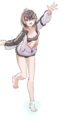 Rule 34 | 1girl, :d, bikini, black bikini, black hair, blonde hair, blue eyes, blush, folded ponytail, frilled bikini, frills, hair between eyes, highres, jacket, jacket over swimsuit, legs, linea alba, nijisanji, nijisanji en, open mouth, penta (pepepen 28), petra gurin, short hair, simple background, smile, solo, standing, standing on one leg, swimsuit, virtual youtuber, waving, white background