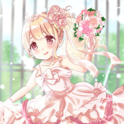 Rule 34 | 1girl, arm up, bare shoulders, blonde hair, blurry, blurry background, blush, border, bouquet, brown eyes, collarbone, commentary request, day, depth of field, dress, fence, flower, futaba anzu, gloves, hair bun, highres, holding, holding bouquet, idolmaster, idolmaster cinderella girls, idolmaster cinderella girls starlight stage, open mouth, outdoors, pink flower, pink rose, rino cnc, rose, see-through clothes, single side bun, sleeveless, sleeveless dress, smirk, solo, veil, wedding dress, white border, white dress, white flower, white gloves, white rose