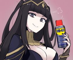 1girl anachronism black_eyes black_hair black_nails blunt_bangs breasts bridal_gauntlets can cleavage closed_mouth commentary english_commentary eyelashes fire_emblem fire_emblem_awakening gradient_background holding holding_can large_breasts long_hair looking_at_viewer nintendo puff_of_air red_background smile solo spray_can tavi_(hosheezus) tharja_(fire_emblem) tiara two_side_up upper_body v-shaped_eyebrows wd-40